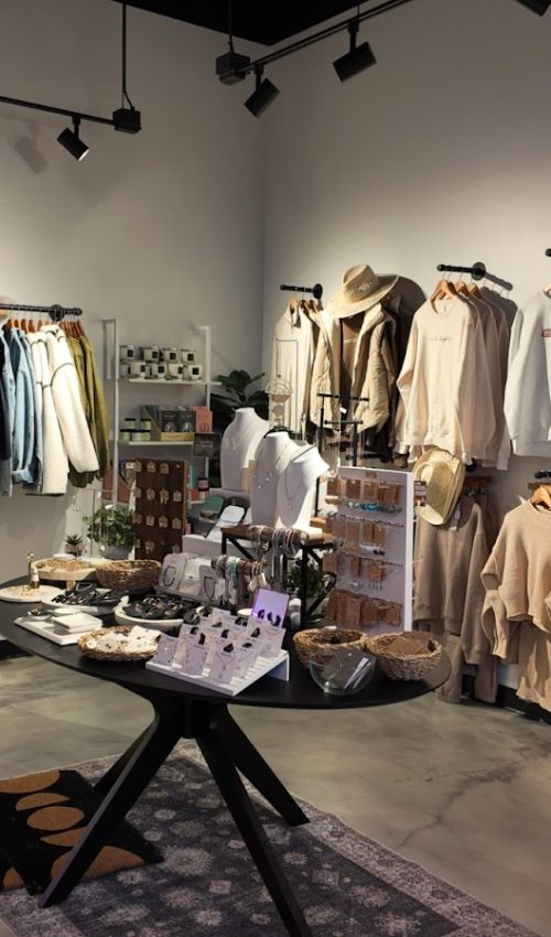 a store with clothes on shelves
